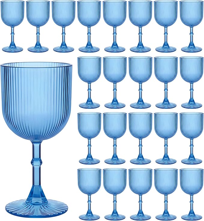 Plastic Wine Glasses 9oz Set of 24, Blue Ribbed Vintage Goblets Unbreakable Reusable BPA-Free Stemmed Drinking Glasses for Parties, Weddings & Events