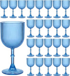 Plastic Wine Glasses 9oz Set of 24, Blue Ribbed Vintage Goblets Unbreakable Reusable BPA-Free Stemmed Drinking Glasses for Parties, Weddings & Events