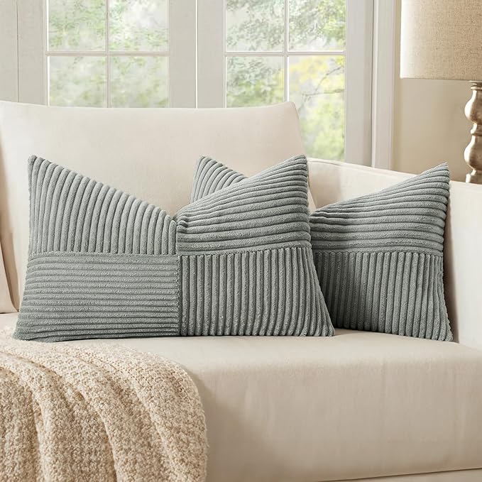 MIULEE Silver Grey Corduroy Pillow Covers Pack of 2 Boho Decorative Spliced Throw Pillow Covers Soft Solid Couch Pillowcases Cross Patchwork Textured Cushion Covers for Living Room Bed Sofa 12x20 inch