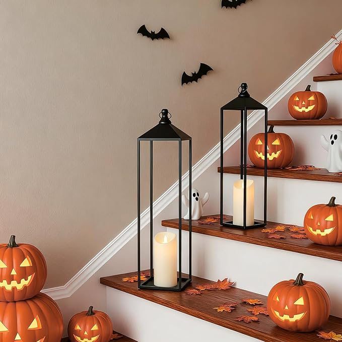 22'' 19'' Large Lanterns Decorative Outdoor Indoor, Set of 2 Black Metal Candle Lanterns Halloween Lanterns Modern Farmhouse Floor Lanterns Decorative for Home Decor, Mantle, Patio, Porch, Garden
