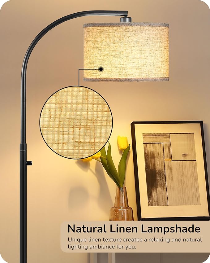EDISHINE Black Arc Floor Lamp Dimmable, Standing Lights with Rotary Switch & Adjustable Line Lampshade, Tall Standing Lamp for Bedroom, Office, Reading Corner, A19 LED Bulb Included