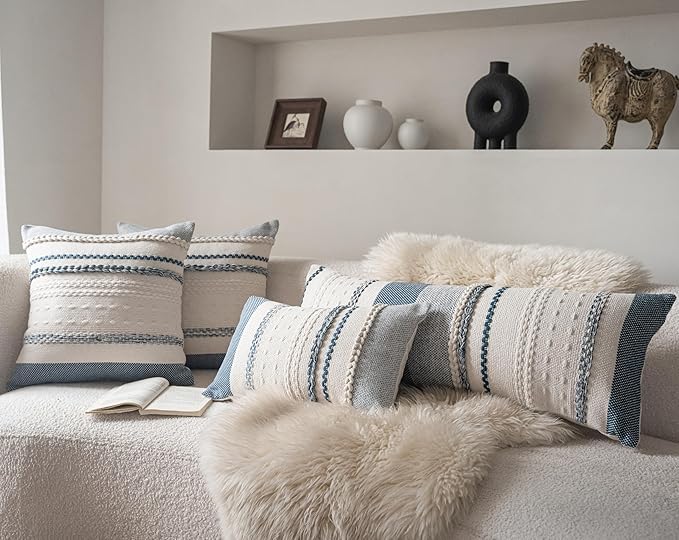 Boho Lumbar Pillow Covers 14x36 Inch Long, Blue Textured Decorative Couch Pillow Cases for Farmhouse Home Decor, Accent Cushion Cover for Sofa, Bed, Living Room, Bedroom, Pack of 1