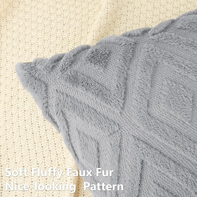 Pallene Grey Throw Pillow Covers 12x20 Set of 2, Soft Plush Faux Fur Decorative Lumbar Couch Pillow Covers for Sofa Bed Living Room Pillow Cases with 3D Diamond Pattern