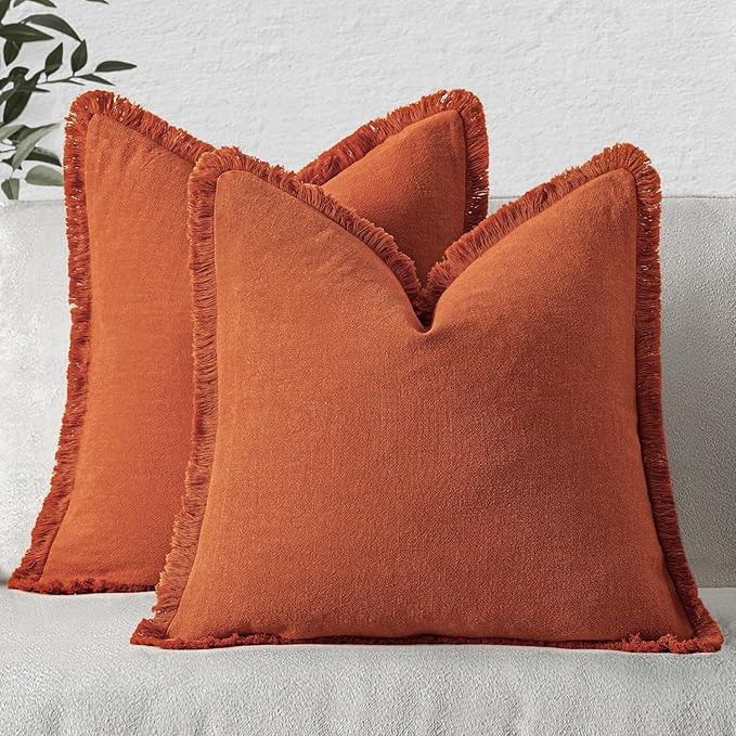MIULEE Fall Decorative Throw Pillow Covers Neutral Linen Fringe Throw Pillows Set of 2 Burnt Orange Boho Farmhouse Cushion Covers with Tassels for Couch Sofa Bed Living Room Home Decor 26x26 Inch