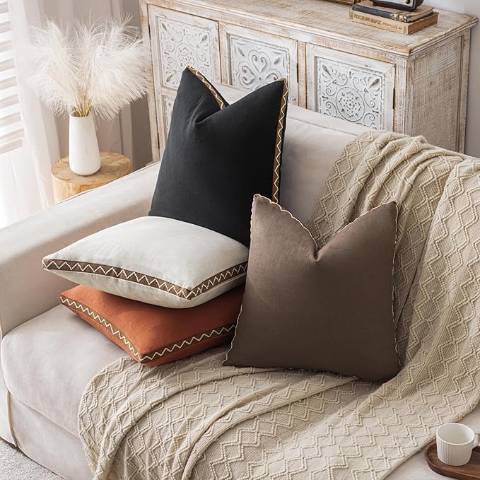 Decorative Neutral Linen Throw Pillow Covers 20x20 Inch Set of 2, Boho Farmhouse Pillow Covers with Braid Fringe for Sofa Bed Modern Couch Pillow Cases for Organic Home Decor