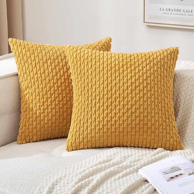 MIULEE Pack of 2 Decorative Throw Pillow Covers 20x20 Inch Soft Boho Striped Textured Corduroy Pillow Covers Modern Farmhouse Home Decor for Couch Bed Sofa Living Room Yellow
