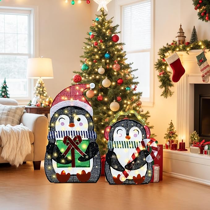 35In Christmas Lighted Penguins, Set of 2 Christmas Decorations Outdoor with 120 LED Lights,Xmas Pre-Lit Penguin Family Set,Light Up Decor with Stakes for Holiday, Yard, Lawn and Garden