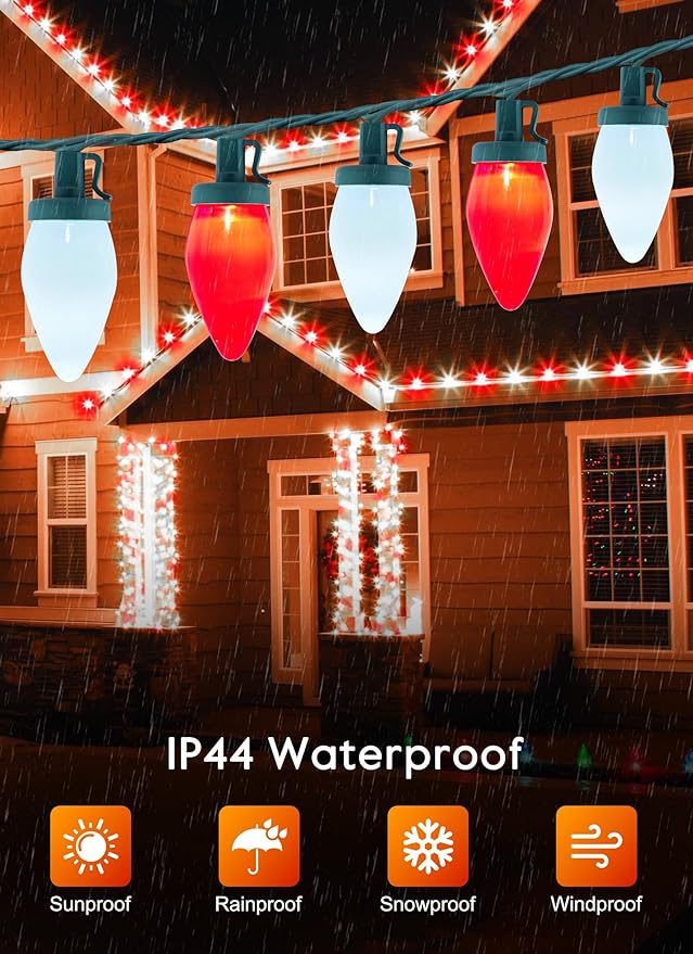 Moonflor C9 LED Christmas Lights Outdoor, 51.3ft Feet 50 LED Strawberry String Lights with 50 Spring Clamps, Waterproof Commercial Grade Extendable for Indoor Outdoor,Red and Pure White