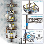 Skycarper 5 Tier Adjustable Corner Shower Caddy Organizer with Hooks,Rustproof Tension Pole 62-116 Inch,Bronze