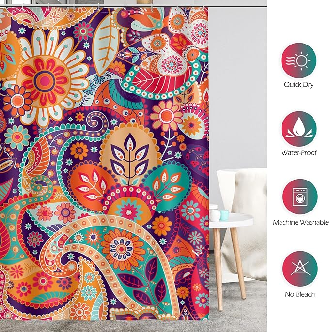 Aimego Boho Paisley Floral Shower Curtains - Mandala Indian Bohemian Colorful Flowers Bath Shower Curtain Set with 12 Hooks for Adults Kids Bathroom Decor Accessories, 72"x72"