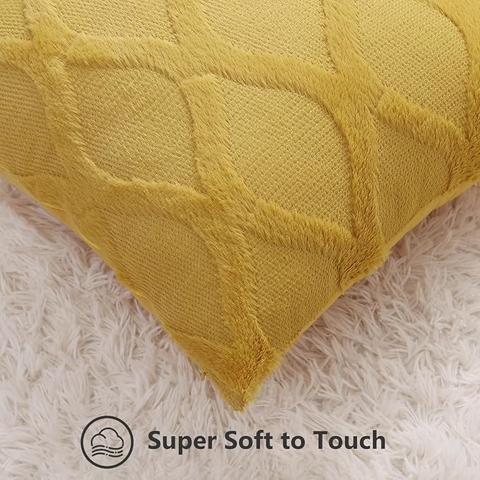decorUhome Throw Pillow Covers 24x24 Inch Set of 2, Soft Plush Faux Fur Wool Mustard Yellow Couch Pillow Covers, Decorative Neutral Pillow Cases for Bed Sofa Living Room Home Decor