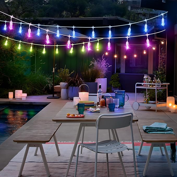 100FT(2x50FT) RGB Solar Outdoor String Lights with Remote, Dimmable Waterproof Patio Lights with 30 Bulbs for Porch Garden Bistro-White Cord