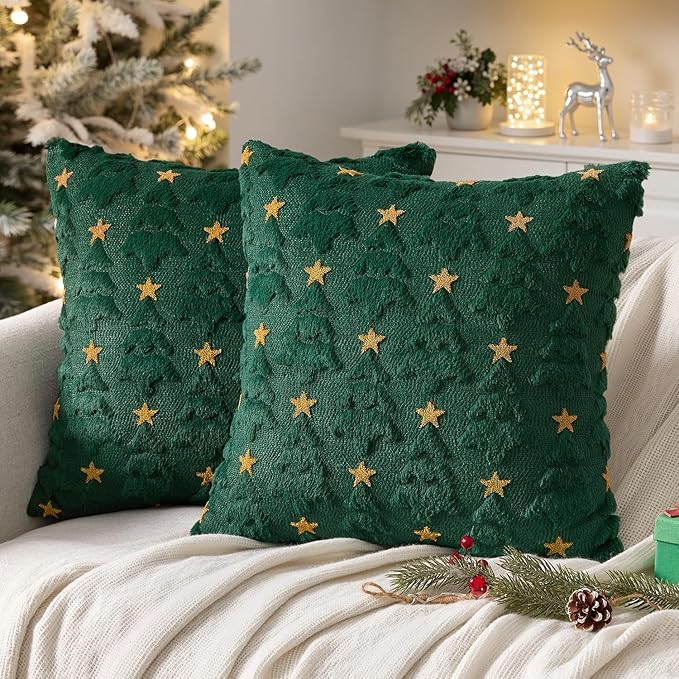 MIULEE Christmas Pillow Covers 20x20 Inch Set of 2, Dark Green Christmas Tree Plush Faux Fur Pillowcases Soft Decorative Throw Pillow Cases for Couch Sofa Living Room Winter Xmas Holiday Home Decor