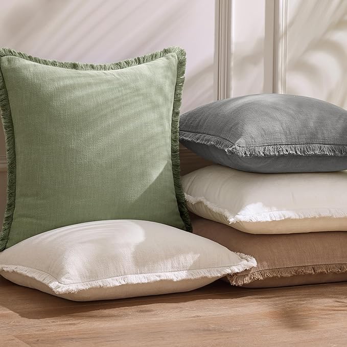 Woaboy Decorative Linen Fringe Throw Pillow Covers Boho Farmhouse Soft Euro Accent Pillowcases with Tassels for Bed Couch Sofa Livingroom Bedroom,24x24 Inch Set of 2,Sage Green