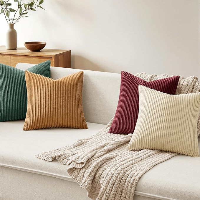 MIULEE Boho Farmhouse Christmas Red Throw Pillow Covers 18x18 Inch Set of 4 Mordern Nordic Cushion Covers Soft Corduroy Home Decor for Couch Bed Sofa Living Room