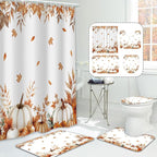 MEHOFOND 4pcs Fall Pumpkin Maple Leaf Shower Curtain Set, Autumn Leaves Harvest Thanksgiving Watercolor Shower Curtain Sets, Fall Bathroom Decor with Non-Slip Rugs Toilet Lid Cover and Bath Mat