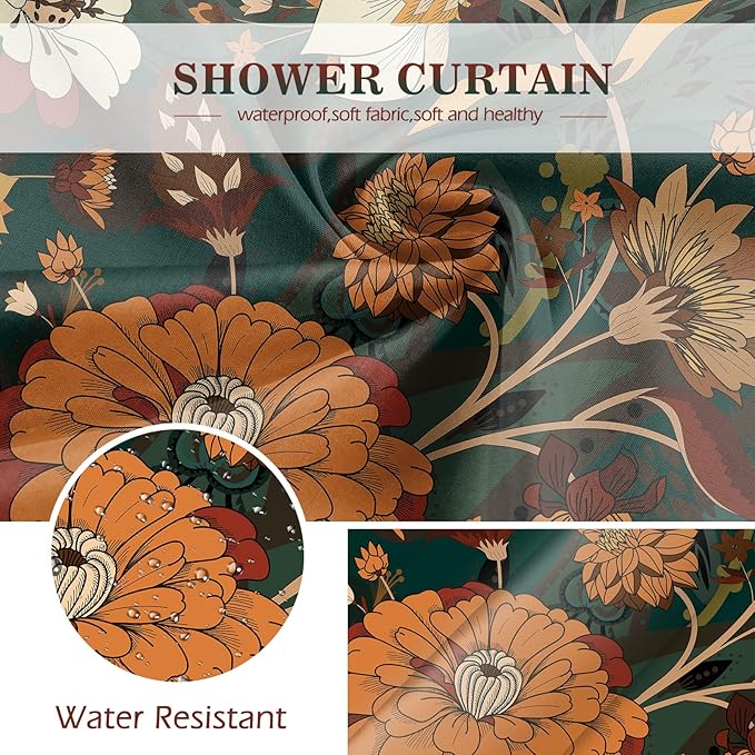 Aimego Long Boho Shower Curtain - Dark Green Floral Bohemian Chic Flowers Botanical Leaves Fabric Cloth Shower Curtain Set with 12 Hooks for Bathroom Decor Accessories Bathtub Curtain, 72"x78"