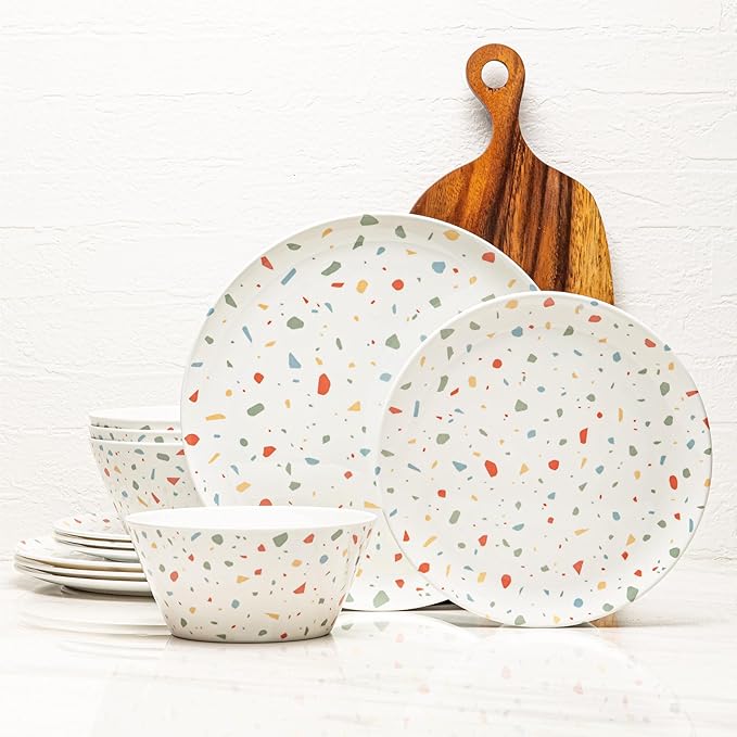 Bzyoo 12-Piece Melamine Dinnerware Set - White Confetti | Lightweight, Durable, BPA-Free | Dishwasher Safe Dish Set for Indoor & Outdoor Use - Perfect for Camping, BBQs, Kids Parties