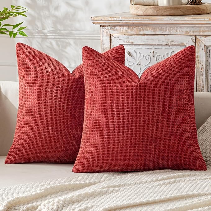 MIULEE Pack of 2 Christmas Red Couch Throw Pillow Covers 18x18 Inch Modern Boho Accent Decorative Pillow Covers Soft Chenille Farmhouse Cushion Covers for Home Decor Bed Sofa Living Room