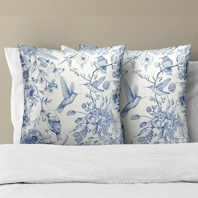 Blue Birds Flowers Pillow Covers 22X22 Inch Vintage Floral Linen Square Pillowscase Double Sided Asian Traditional Pattern Couch Cushion Cover for Home Bedroom Living Room Decor