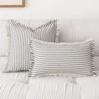Throw Pillow Covers 12x20 Set of 2 Striped Fringe Pillow Cover Farmhouse Cushion Covers with Tassel Neutral Boho Pillows Decorative Square Pillowcase for Couch Sofa Bed, Black