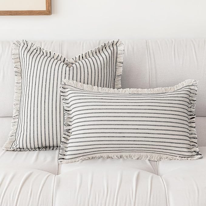 Throw Pillow Covers 16x16 Set of 2 Striped Fringe Pillow Cover Farmhouse Cushion Covers with Tassel Neutral Boho Pillows Decorative Square Pillowcase for Couch Sofa Bed, Black