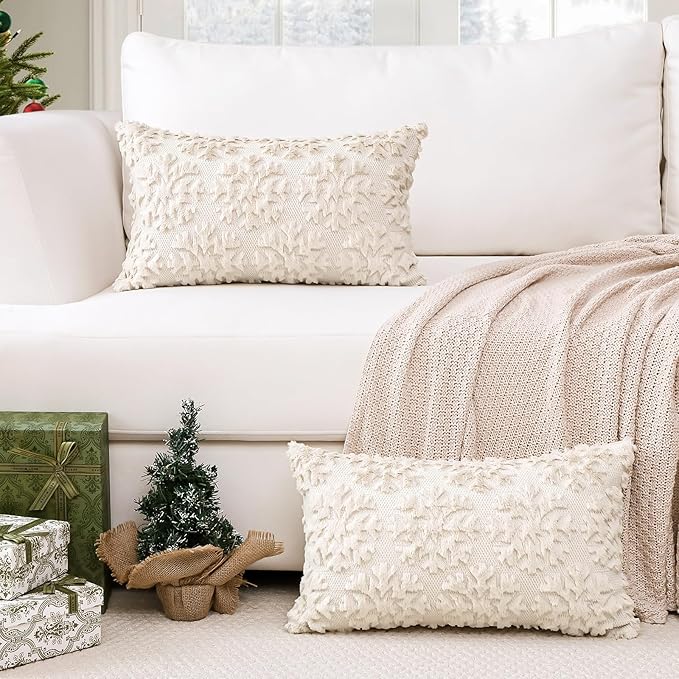 OTOSTAR Set of 2 Xmas Soft Plush Short Wool Velvet Decorative Throw Pillow Covers Rectangular Luxury Style Cushion Case Pillow Shell for Sofa Bedroom Snowflake Cream Beige, 16x24 Inch