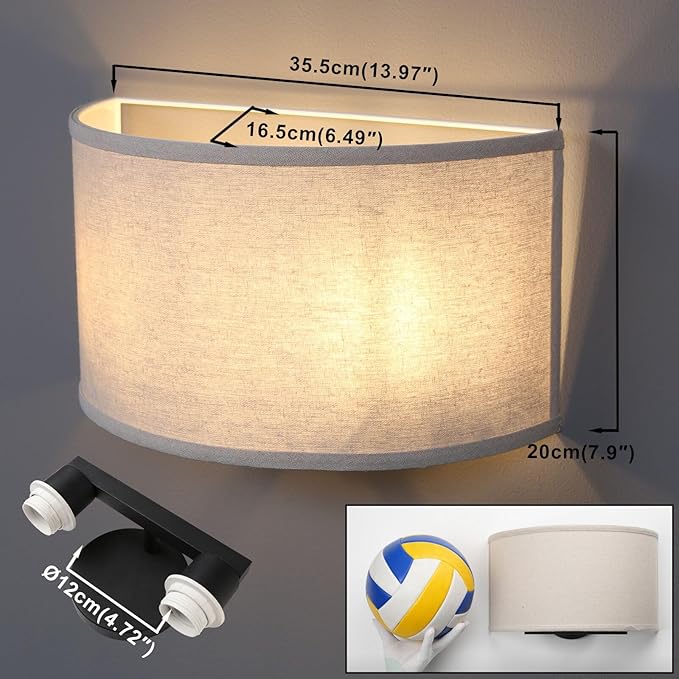 Yosoan 2-Light Linen Fabric Boho Hallway Wall Sconce Indoor Light Fixture, Dual Vintage Industrial Hardwired Half Moon Wall Lighting Semicircle Textile Shade for Bedroom Living Room Corridor Study