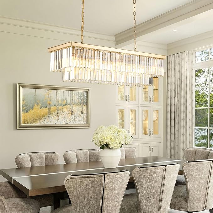 Gold Rectangular Chandelier 40 Inch-10-Light Luxury Crystal Pendant Lighting for Dining Room, Kitchen Island & Bar-Adjustable Height, Flush Mount Ceiling Fixture,Premium Lighting Fixture(Gold, L-40)