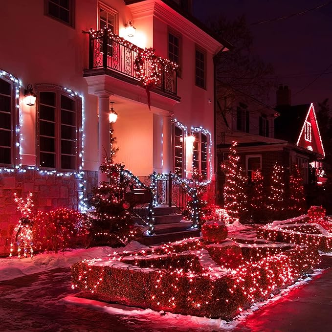 QITONG 4 Pack Red Solar Fairy Lights, Each 33ft 100 LED Christmas String Light Outdoor Waterproof, 8 Modes Silver Wire Mini Twinkle Lights