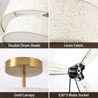 16" Drum Light, 3-Light Flush Mount Ceiling Light with 2-Tier Linen Fabric Shade, Gold Drum Light Fixture for Dining Room, Entryway, Bedroom, Kitchen, Hallway