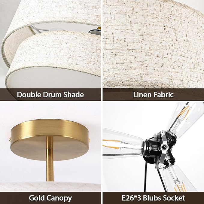 16" Drum Light, 3-Light Flush Mount Ceiling Light with 2-Tier Linen Fabric Shade, Gold Drum Light Fixture for Dining Room, Entryway, Bedroom, Kitchen, Hallway