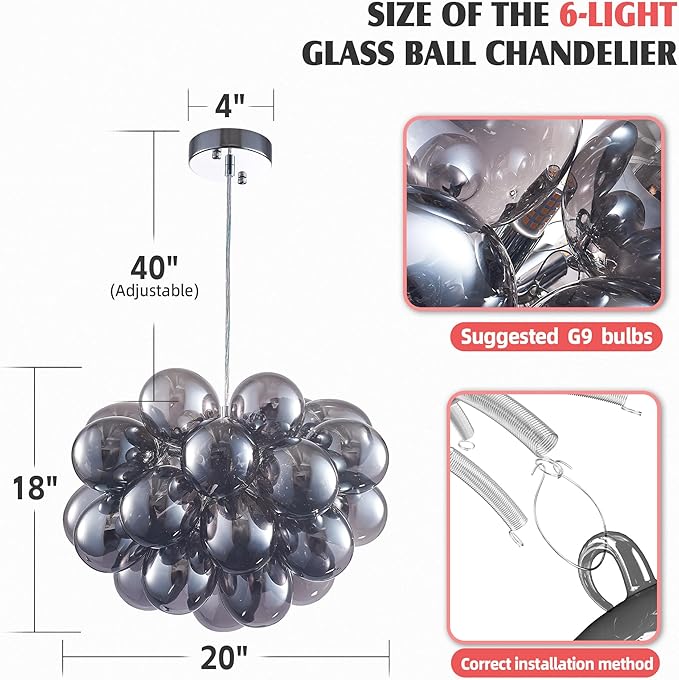 Longree Bubble Ball Chandelier Smoked Black, Dia 20 inch Oval Bubble Glass Pendant Light Fixture for Bedroom Study Bathroom