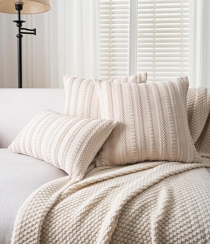 Boho Throw Pillow Covers 20x20 Inch Set of 2, Farmhouse Decorative Couch Pillow Cases, Beige Accent Pillows of Bed, Sofa Bedroom Living Room Home Decor Cushion Cover