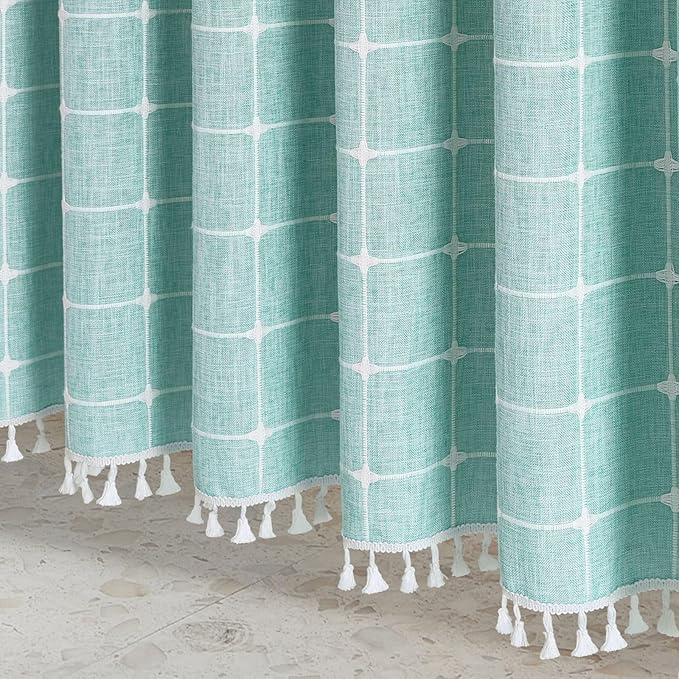 MitoVilla Teal Blue 36 x 72 Boho Small Stall Shower Curtain, Turquoise Narrow Polyester Linen Fabric Shower Curtains for Farmhouse Bathroom Decor, Half Size Cloth Shower Curtain Set with Hooks