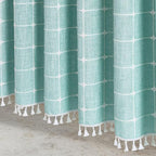 MitoVilla 72 x 84 Teal Blue Boho Extra Long Shower Curtain, Turquoise Farmhouse 84 inch XL Polyester Linen Texture Tassel Fabric Shower Curtain Set with Hooks for Cottagecore Country Bathroom Decor