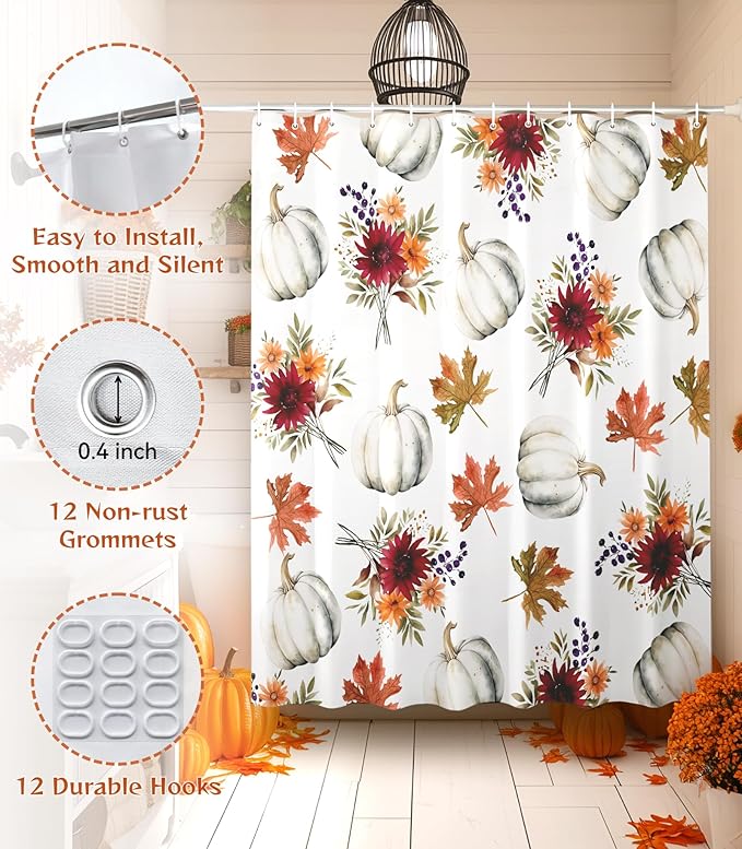 MAMUSE Fall Shower Curtain for Bathroom Stall Cute Decorative Waterproof Unique Design TeenWomen Cortinas de Baño Bathtub 72 x72 Inch, Pumpkins Flowers