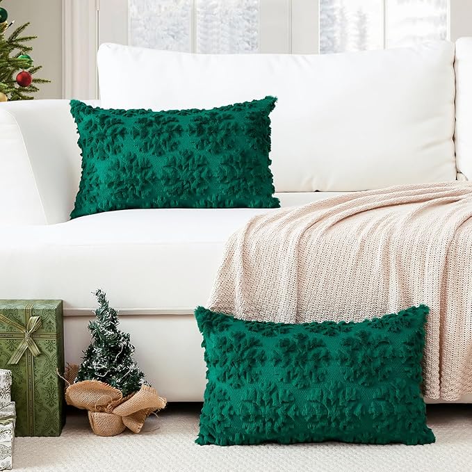 OTOSTAR Set of 2 Xmas Soft Plush Short Wool Velvet Decorative Throw Pillow Covers Rectangular Luxury Style Cushion Case Pillow Shell for Sofa Bedroom Snowflake Green, 16x24 Inch