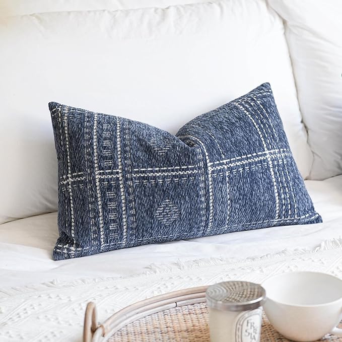 BlissBlush Dark Blue Decorative Lumbar Throw Pillow Covers 12X20, Set of 2, Boho Farmhouse Cushion Cover, Soft Accent Pillowcase for Couch Sofa Bed Living Room Home Décor