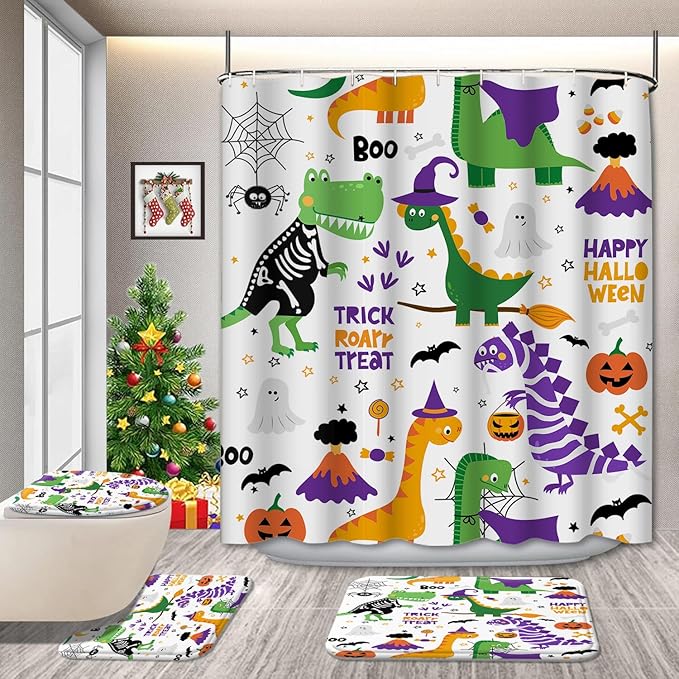Kids Halloween Dinosaur Bathroom Decor Set with Cute Shower Curtain and Rugs, 4-Piece Cartoon Bath Set with Toilet Lid Cover, Waterproof Curtain with Hooks and Non-Slip Mats