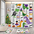 Kids Halloween Dinosaur Bathroom Decor Set with Cute Shower Curtain and Rugs, 4-Piece Cartoon Bath Set with Toilet Lid Cover, Waterproof Curtain with Hooks and Non-Slip Mats