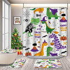 Kids Halloween Dinosaur Bathroom Decor Set with Cute Shower Curtain and Rugs, 4-Piece Cartoon Bath Set with Toilet Lid Cover, Waterproof Curtain with Hooks and Non-Slip Mats