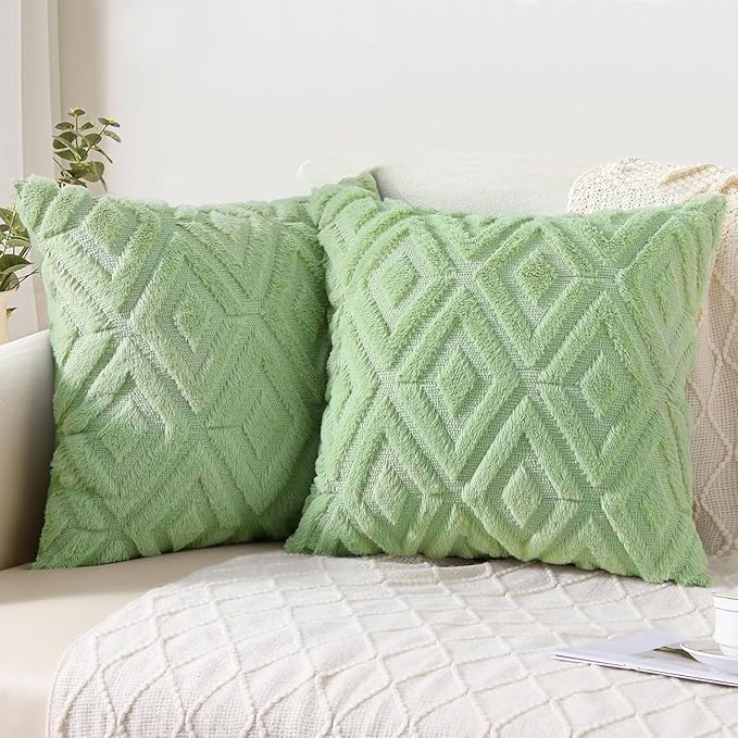 Pallene Sage Green Throw Pillow Covers 18x18 Set of 2, Soft Plush Faux Fur Decorative Couch Pillow Covers for Sofa Bed Living Room Pillow Cases with 3D Diamond Pattern