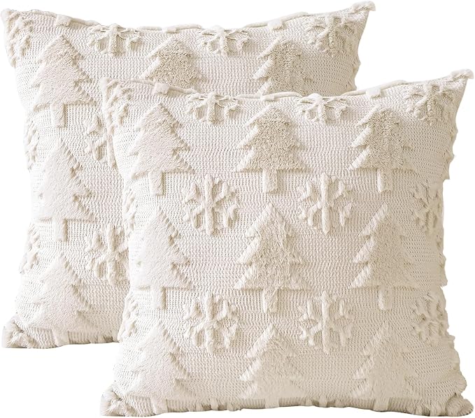 OTOSTAR Set of 2 Xmas Soft Plush Short Wool Velvet Decorative Throw Pillow Covers Square Luxury Style Cushion Case Pillow Shell for Sofa Bedroom Tree and Snowflake Cream Beige, 22x22 Inch