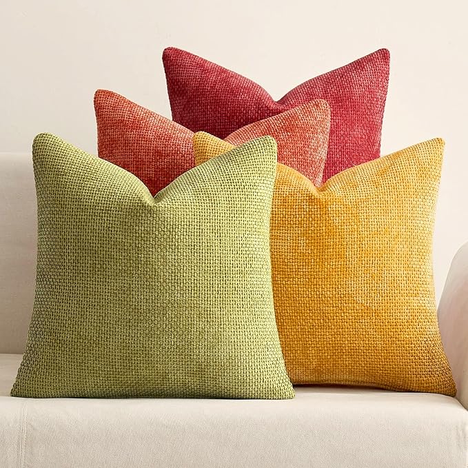 MIULEE Pack of 4 Fall Burnt Orange Couch Throw Pillow Covers 18x18 Inch Yellow Green Soft Decorative Chenille Pillows Farmhouse Accent Cushions for Boho Home Decor Spring Sofa Bedroom Living Room