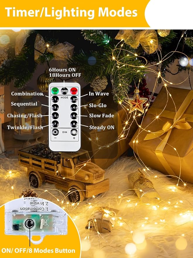 8 Pack Each 20FT 60LED Fairy Lights Battery Operated with Remote, Waterproof Twinkle Lights with Timer, Cuttable String Light Indoor & Outdoor for Bedroom Classroom Wedding DIY Christmas (Warm White)