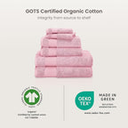 BIOWEAVES 100% Organic Cotton Bath Towel Set | 700 GSM Plush 6-Piece Premium Towel Set GOTS Certified, 2 Bath Towels, 2 Hand Towels & 2 Washcloths - Dusty Pink