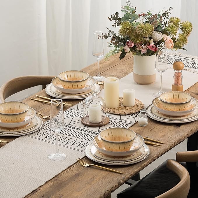 MissYip Melamine Dinnerware Set, 16 Piece for 4, Unbreakable Kitchen Plastic Plates and Bowls set, Indoor and Outdoor Use Tableware, BPA Free, Dishwasher Safe, Not Microwave, Not Oven(Cream)