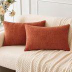 MIULEE Fall Pack of 2 Couch Throw Pillow Covers 12x20 Inch Soft Burnt Orange Chenille Pillow Covers for Sofa Living Room Solid Dyed Pillow Cases