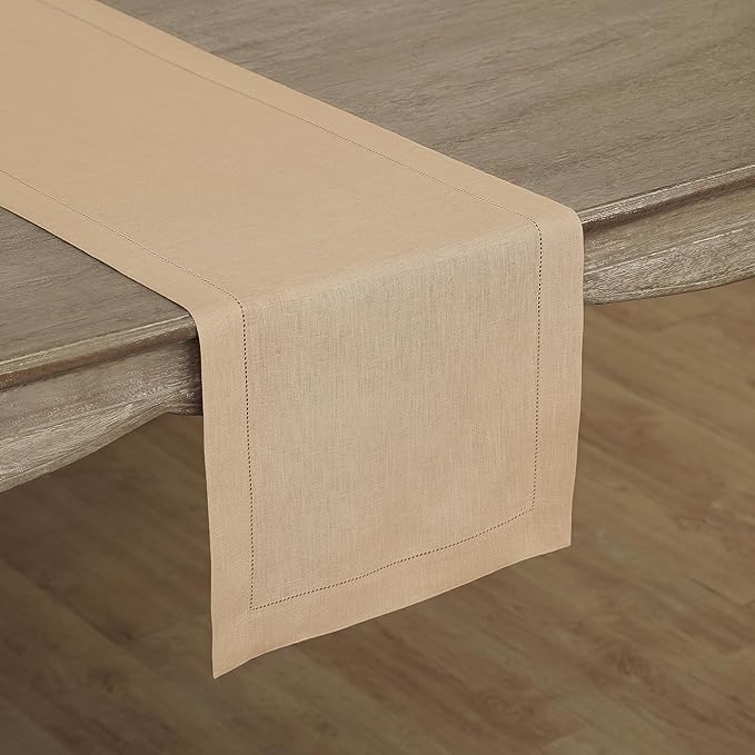 Solino Home Linen Beige Table Runner 108 Inches Long - 100% Pure Linen 14 x 108 Inch Table Runner for Fall, Autumn, Thanksgiving, Christmas - Classic Hemstitch